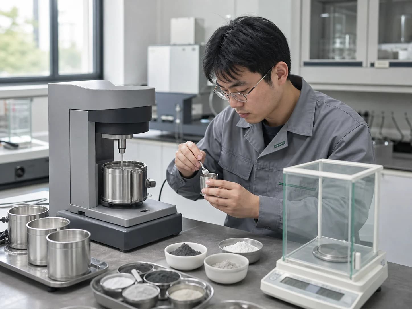 研究人员使用紧凑型实验设备开展粉体微量测试